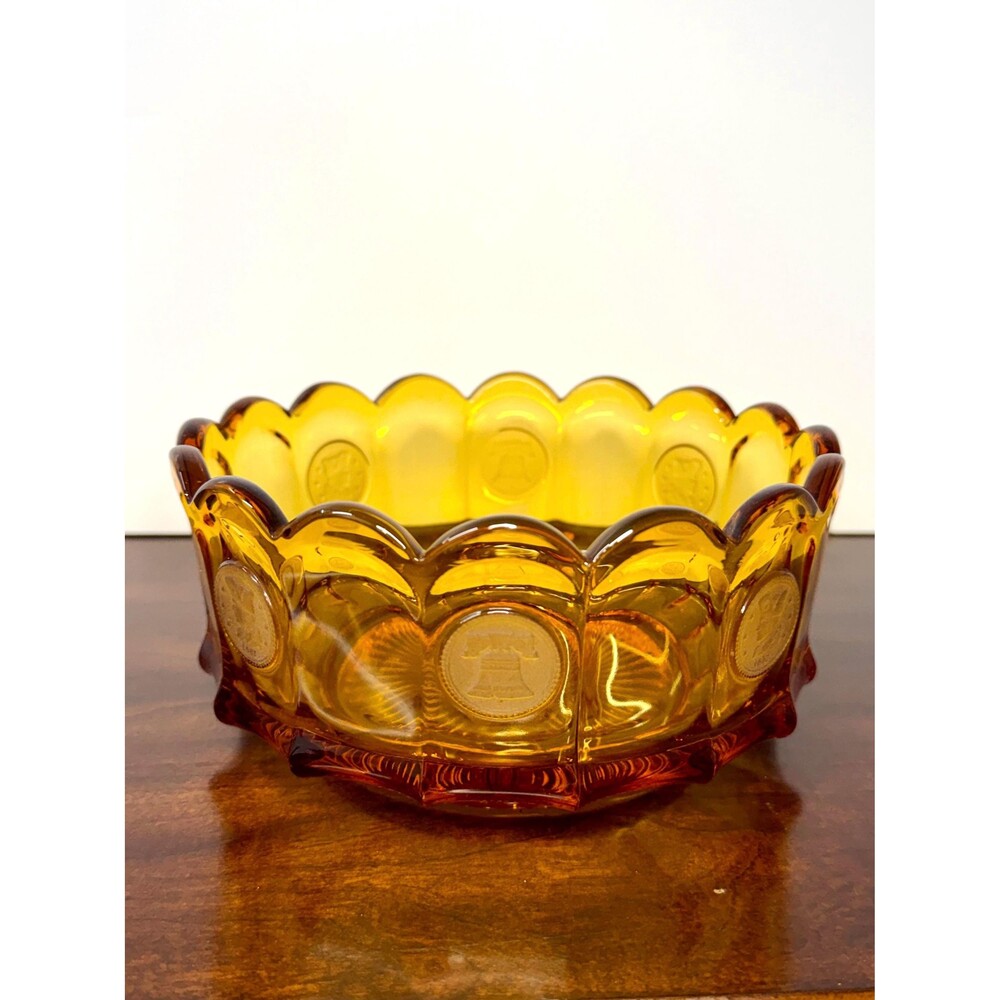 Vintage Fostoria Amber Coin Glass Bowl 7.5” Liberty Bell Scalloped